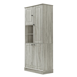 English Elm Tall Storage Cabinet with Flip-Out Basket, Adjustable Shelves & Aluminum Handles for Organized Living Oak N725P322739L