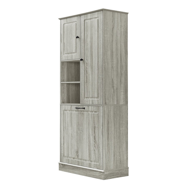 English Elm Tall Storage Cabinet with Flip-Out Basket, Adjustable Shelves & Aluminum Handles for Organized Living Oak N725P322739L