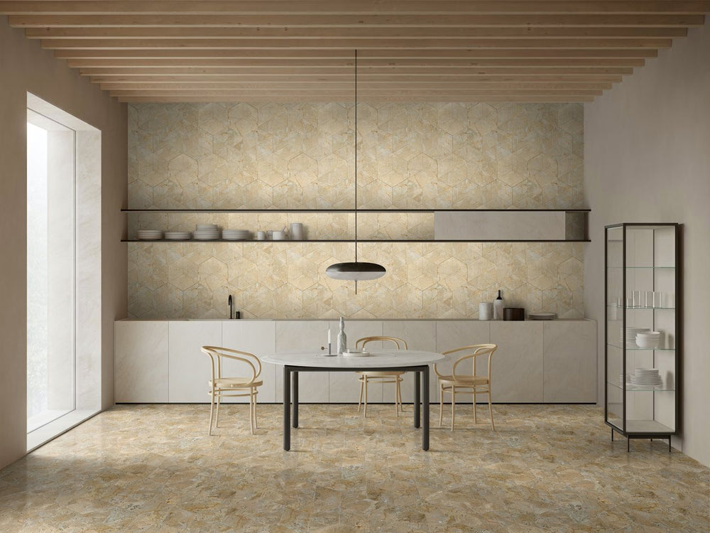 English Elm Hexagon Gold Beige Yellow Marble Tiles - Polished & Textured Natural Stone For Elegant Interiors W1696P262334
