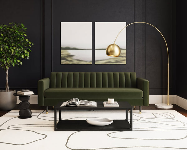 Sunpan YOSI Sofa - Moss Green Velvet with Channel Tufting for Modern Elegance & Everyday Comfort in Living Rooms 103687V