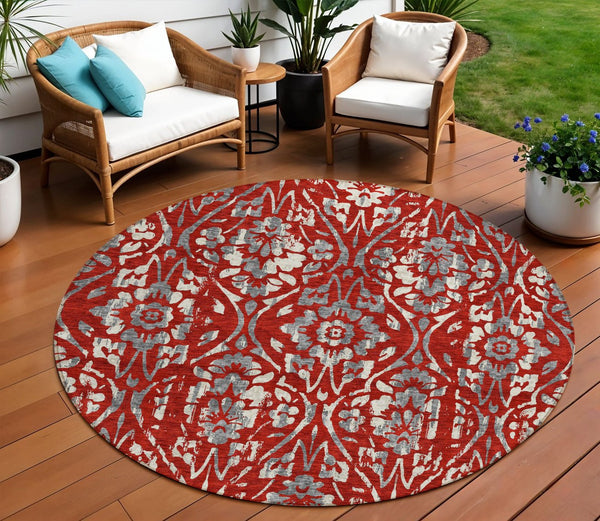 Homeroots 3' Artichoke Green Floral Washable Area Rug For Indoor & Outdoor Use - Stain Resistant Design 8' Round Polyester 590903