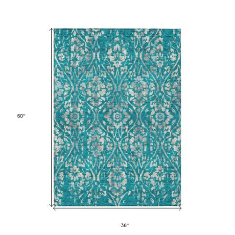Homeroots 3' Artichoke Green Floral Washable Area Rug For Indoor & Outdoor Use - Stain Resistant Design 3' X 5' Polyester 590913