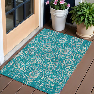 Homeroots 3' Artichoke Green Floral Washable Area Rug For Indoor & Outdoor Use - Stain Resistant Design 3' X 5' Polyester 590913