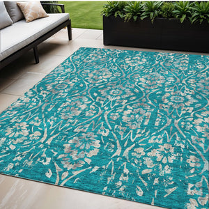 Homeroots 3' Artichoke Green Floral Washable Area Rug For Indoor & Outdoor Use - Stain Resistant Design 5' X 8' Polyester 590914