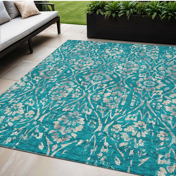 Homeroots 3' Artichoke Green Floral Washable Area Rug For Indoor & Outdoor Use - Stain Resistant Design 5' X 8' Polyester 590914