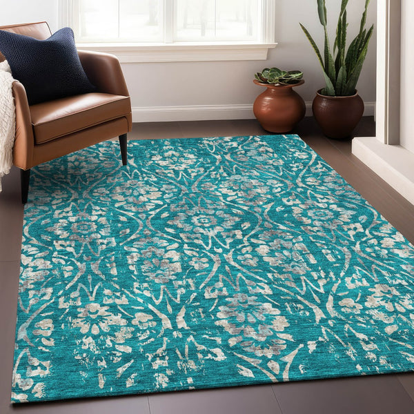 Homeroots 3' Artichoke Green Floral Washable Area Rug For Indoor & Outdoor Use - Stain Resistant Design 5' X 8' Polyester 590914