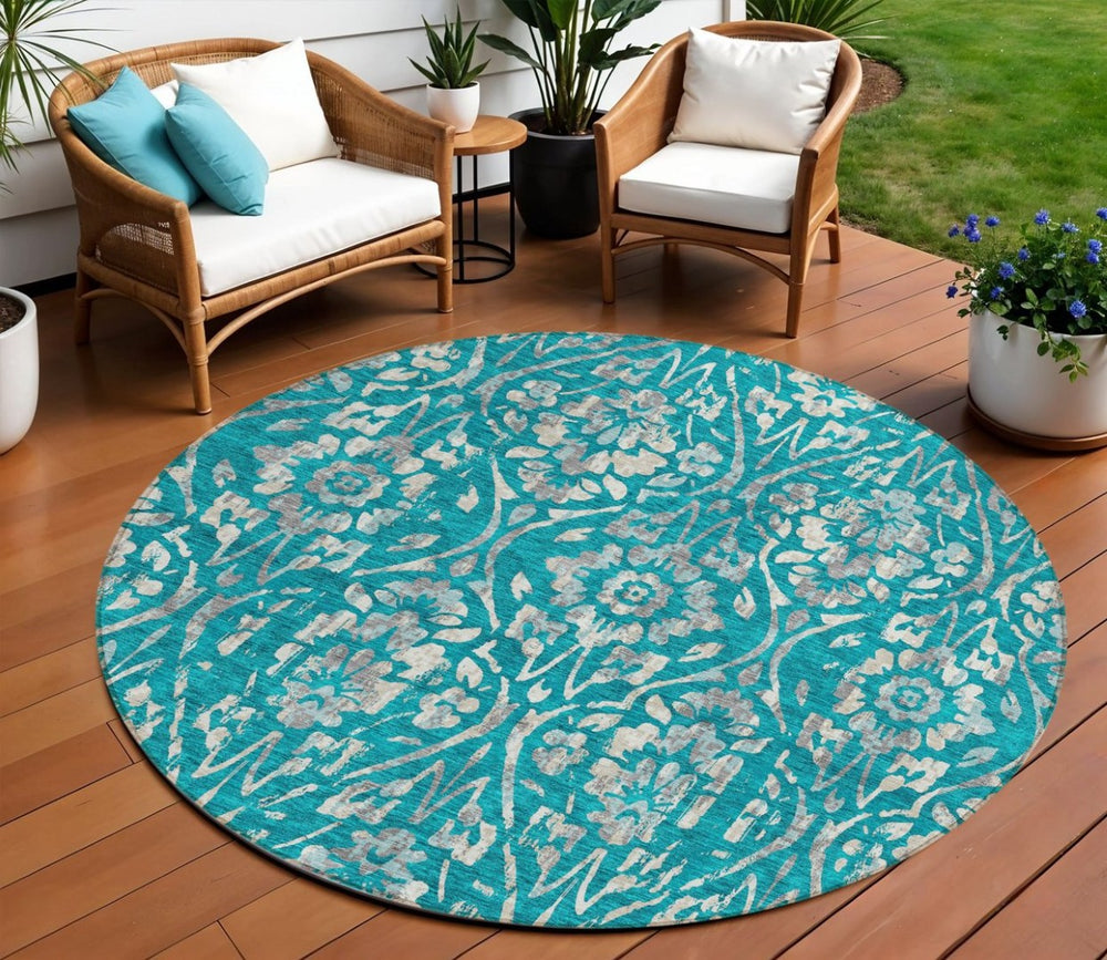 HomeRoots 5' Durable Teal Blue and Ivory Floral Washable Area Rug for Indoor and Outdoor Living Spaces 8' Round 590915