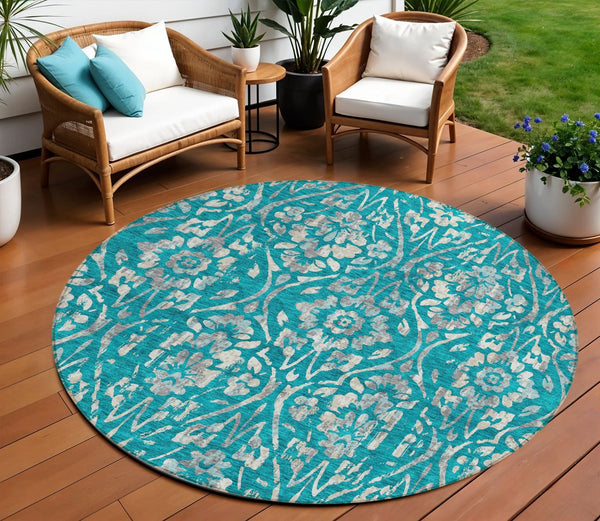 Homeroots 3' Artichoke Green Floral Washable Area Rug For Indoor & Outdoor Use - Stain Resistant Design 8' Round Polyester 590915