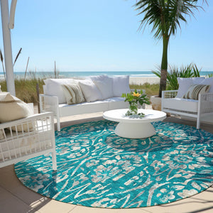 Homeroots 3' Artichoke Green Floral Washable Area Rug For Indoor & Outdoor Use - Stain Resistant Design 8' Round Polyester 590915