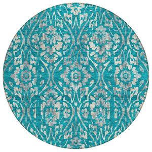 HomeRoots 5' Durable Teal Blue and Ivory Floral Washable Area Rug for Indoor and Outdoor Living Spaces 8' Round 590915