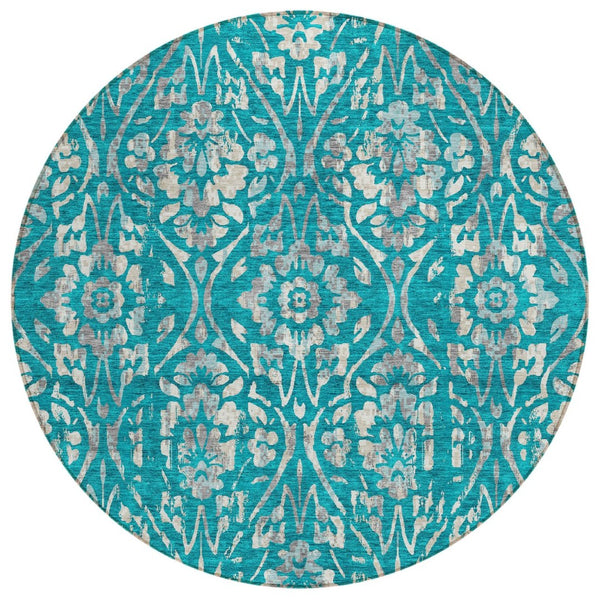 HomeRoots 5' Durable Teal Blue and Ivory Floral Washable Area Rug for Indoor and Outdoor Living Spaces 8' Round 590915
