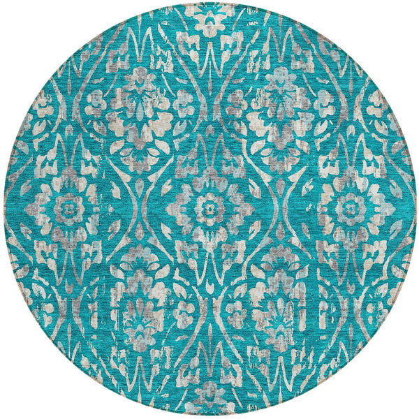 Homeroots 3' Artichoke Green Floral Washable Area Rug For Indoor & Outdoor Use - Stain Resistant Design 8' Round Polyester 590915