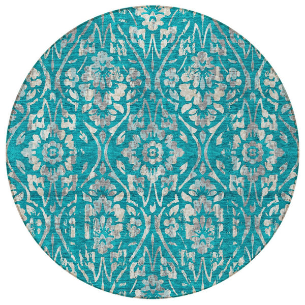 Homeroots 3' Artichoke Green Floral Washable Area Rug For Indoor & Outdoor Use - Stain Resistant Design 8' Round Polyester 590915
