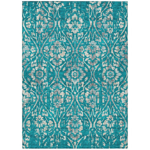 HomeRoots 5' Durable Teal Blue and Ivory Floral Washable Area Rug for Indoor and Outdoor Living Spaces 8' X 10' 590916