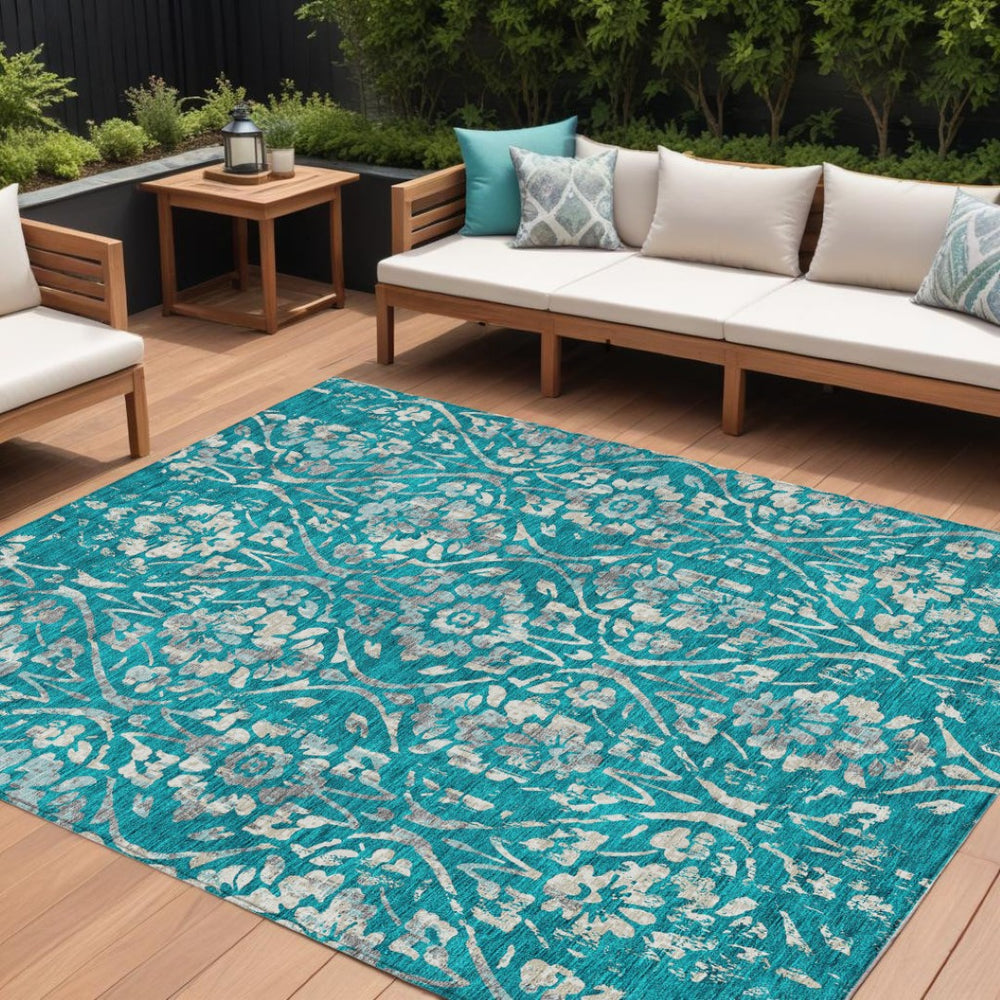 HomeRoots 9' Elegant Teal Blue and Ivory Floral Area Rug – Durable, Washable Design for Indoor & Outdoor Use 9' X 12' 590917