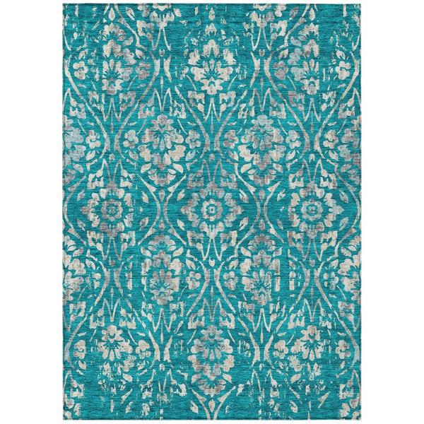 HomeRoots 5' Durable Teal Blue and Ivory Floral Washable Area Rug for Indoor and Outdoor Living Spaces 10' X 14' 590918