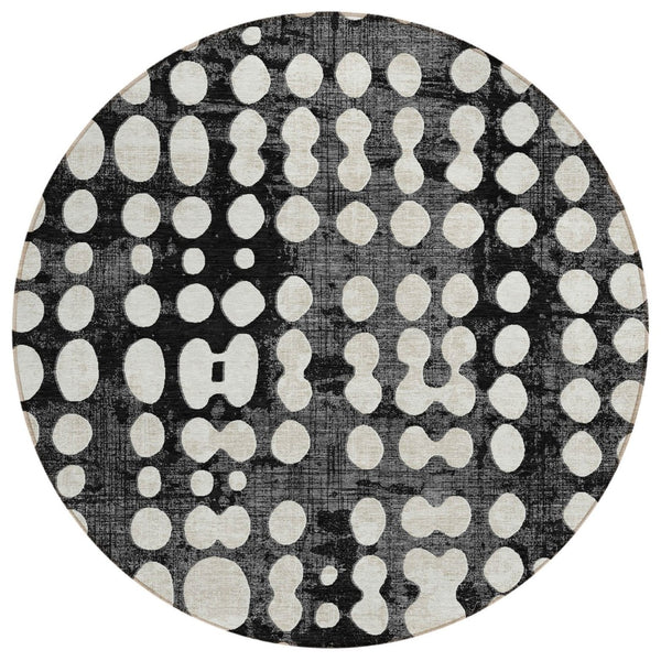 HomeRoots 5' Black and Ivory Abstract Washable Area Rug - Durable, Stylish, and Perfect for Indoor or Outdoor Use 8' Round 590927