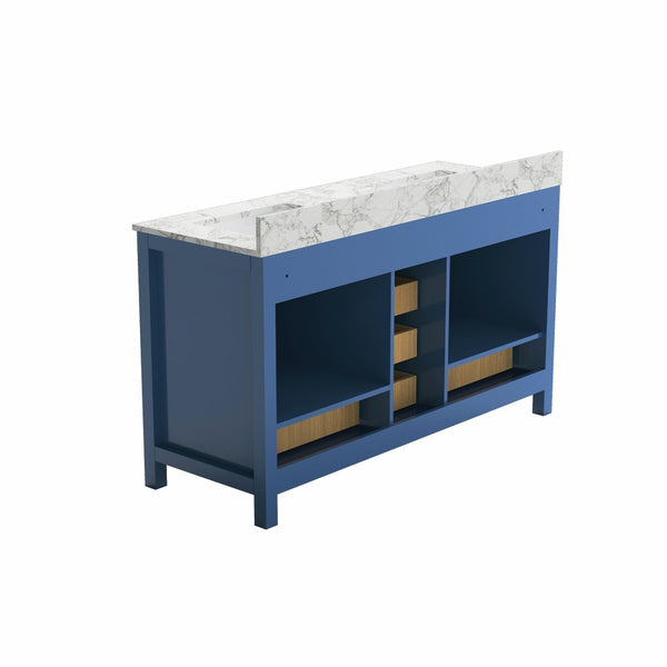 English Elm 59" Double Basin Vanity Carrara Top Solid Wood Frame Vintage Legs 6 Drawer Blue T3785P383044