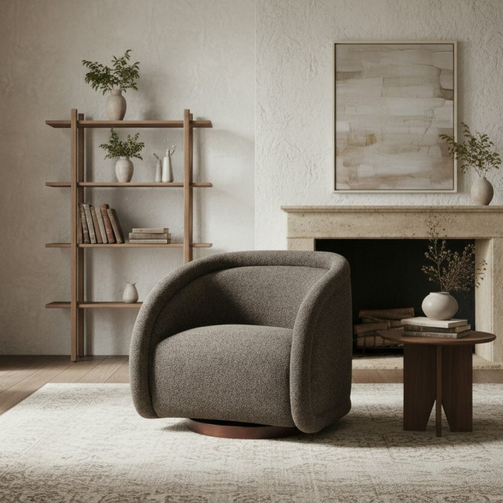 English Elm Sabbo Bouclé Swivel Accent Chair Walnut Wood Base Cozy Reading Nook Seating N767P388923M