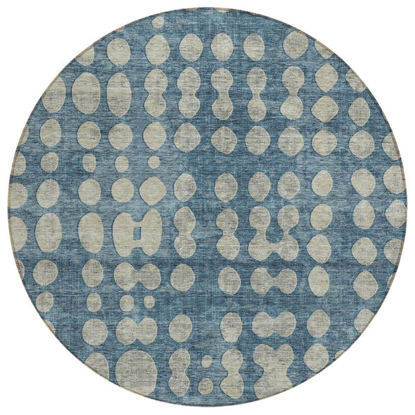 HomeRoots 5' Denim Blue and Gray Abstract Washable Rug - Stylish, Durable Design for Indoor and Outdoor Use 8' Round 590945