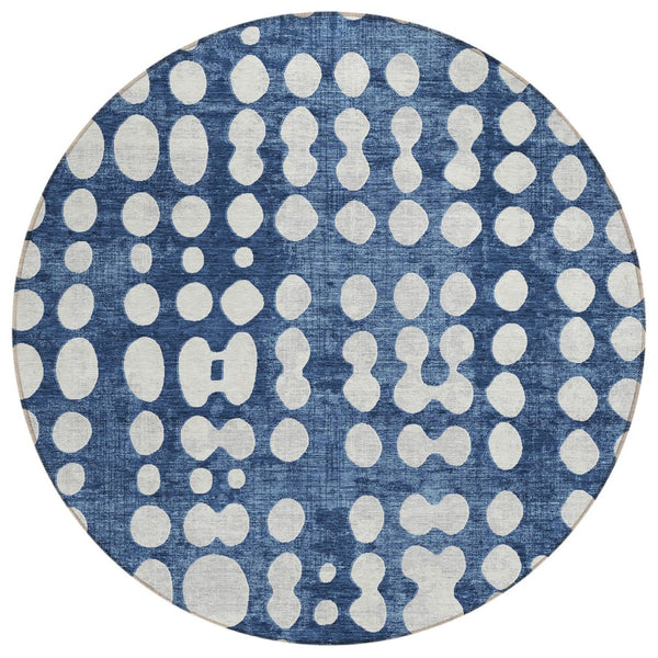 HomeRoots 5' Navy Blue and Ivory Abstract Area Rug - Stylish, Washable, Indoor/Outdoor, Durable for High-Traffic Spaces 8' Round 590963
