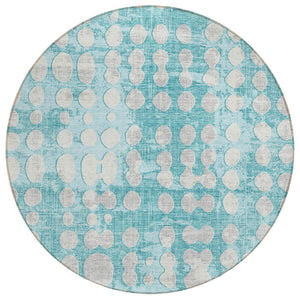 HomeRoots 5' Teal Blue and Ivory Abstract Area Rug - Stylish, Washable, Durable Design for Indoor/Outdoor Use 8' Round 590981
