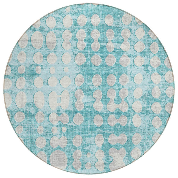 HomeRoots 5' Teal Blue and Ivory Abstract Area Rug - Stylish, Washable, Durable Design for Indoor/Outdoor Use 8' Round 590981