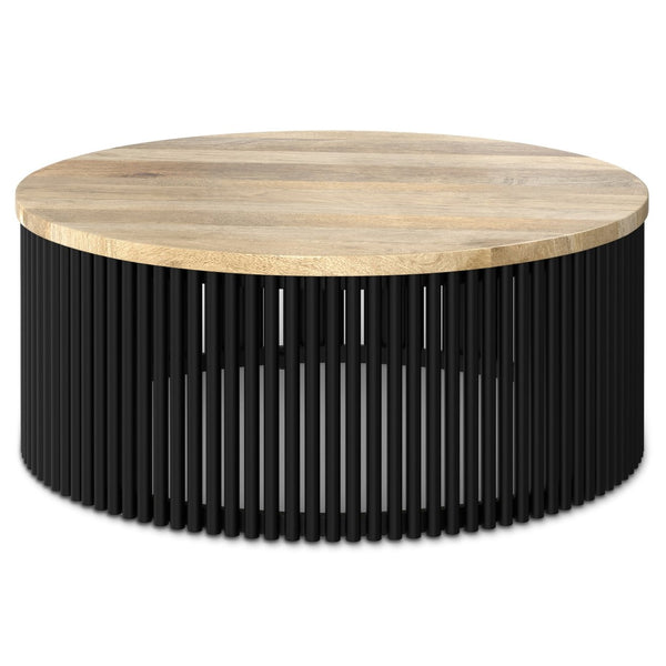 English Elm Demy Solid Mango Wood Round Coffee Table with Slatted Iron Base for Modern Living B136P429100