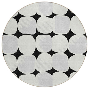HomeRoots 5' Abstract Washable Area Rug in Black, Gray & Ivory - Durable, Stain-Resistant Design for Indoor/Outdoor Use 8' Round 590999