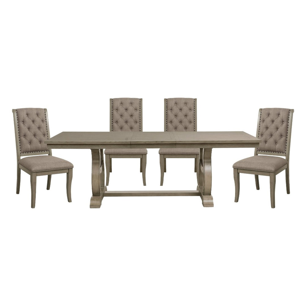 English Elm Classic Oak Veneer Trestle Dining Set with Tufted Nailhead Chairs for Formal Rooms B011S02337