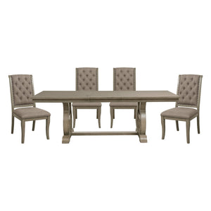 English Elm Classic Oak Veneer Trestle Dining Set with Tufted Nailhead Chairs for Formal Rooms B011S02337