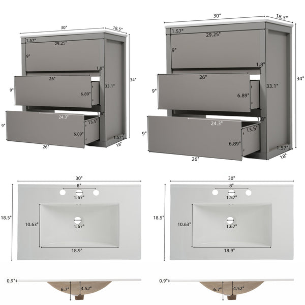 English Elm Christopher Knight Home® - 60" Double Sinks Bathroom Vanity Set with Two Ceramic Basins, Soft-Close Drawers, Sleek Handle-Free Design Gray N817P280550G