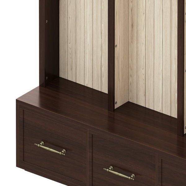 English Elm Farmhouse Hall Tree with Arched Panels Bench Drawers and Hooks for Mudroom Entryway Walnut W5271S00006