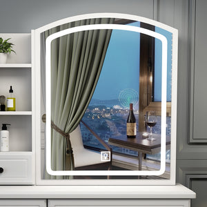 English Elm MIRROR Large Lighted Makeup Vanity with 3-Color LED Brightness, Spacious Drawers & Retro Elegant Design W509134173
