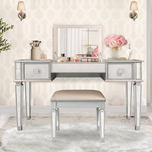 English Elm Mirrored Vanity Desk with Drawers, Silver Flip-Up Makeup Table Set with Stool, Crystal Knobs, Storage W2170140324