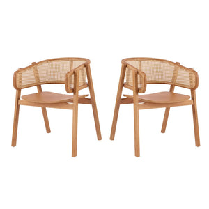 English Elm Rattan Mesh Back Rubberwood Arm Dining Chairs Bohemian Coastal Natural Set of 2 N772P415449N