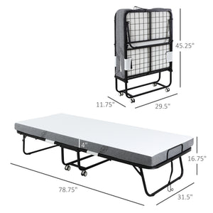 English Elm HOMCOM Foldaway Guest Bed with 4" Foam Mattress, Steel Frame on Locking Wheels, Space-Saving W2225P200758