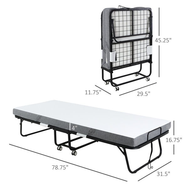 English Elm HOMCOM Foldaway Guest Bed with 4" Foam Mattress, Steel Frame on Locking Wheels, Space-Saving W2225P200758