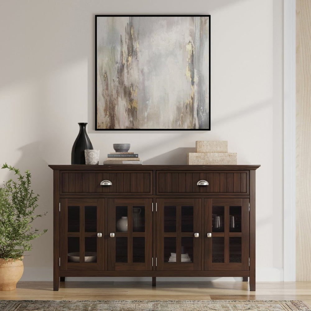 English Elm Acadian Solid Wood Buffet Sideboard with Glass Doors and Brushed Nickel Hardware B136P439016