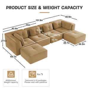 English Elm Modern Corduroy U-shaped Sectional with Deep Seating Two Ottomans Tufted Detail Camel W714S01788