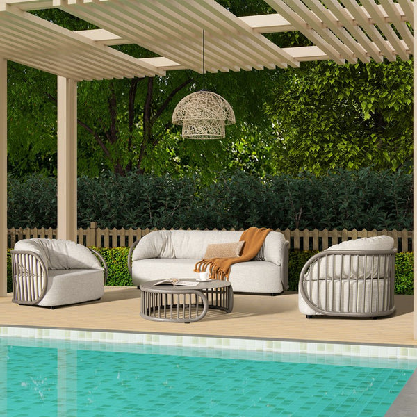 English Elm Jennifer Taylor Home - Harper Barrel Upholstered Patio Armchair 42.5" Oat Beige Olefin - Plush Cushioned, Aluminum Frame, Weather-Resistant B2719P245974