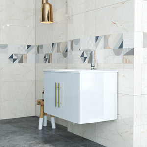 English Elm 30-Inch Sleek White Gloss Wall-Mounted Bathroom Vanity With Gold Handles & Soft-Close Doors, Easy Install W3151S00052