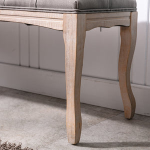 English Elm Bedroom Bench Tufted Linen Seat with Carved Distressed Wood Legs French Country Style Grey W3244P493669