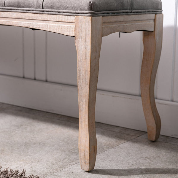 English Elm Bedroom Bench Tufted Linen Seat with Carved Distressed Wood Legs French Country Style Grey W3244P493669