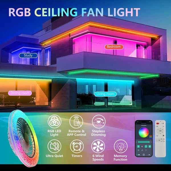 English Elm 23 Inch Bladeless Flush Mount Ceiling Fan Rgb Light Ring Copper Motor Low Profile W1340P461541