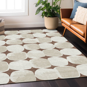 Homeroots 3' Beige And Brown Abstract Washable Area Rug - Stylish Indoor Outdoor Decor For All Spaces 9' X 12' Polyester 591013