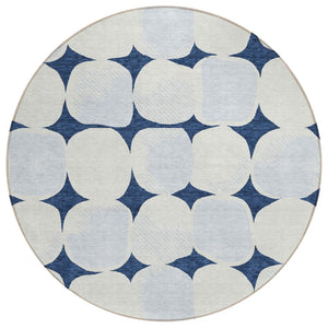 HomeRoots 5' Stylish Navy Blue Gray Ivory Abstract Washable Area Rug for Indoor and Outdoor Elegance 8' Round 591047