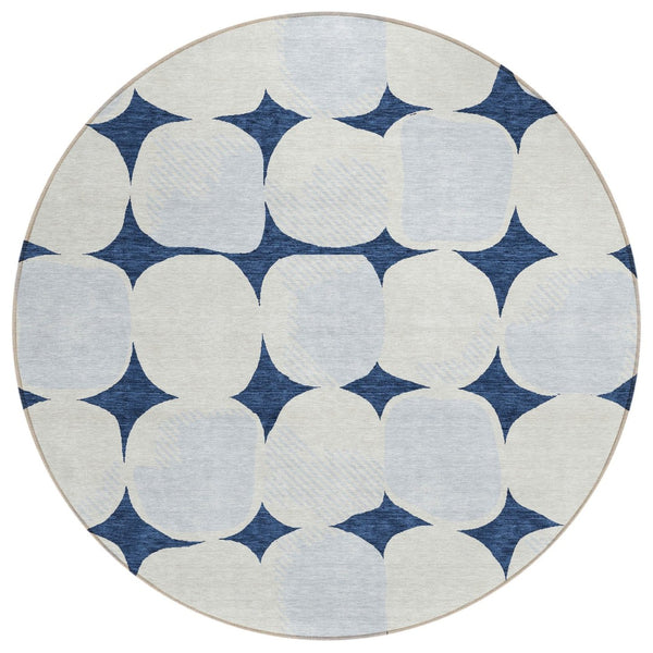 HomeRoots 5' Stylish Navy Blue Gray Ivory Abstract Washable Area Rug for Indoor and Outdoor Elegance 8' Round 591047