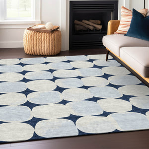 HomeRoots 5' Stylish Navy Blue Gray Ivory Abstract Washable Area Rug for Indoor and Outdoor Elegance 8' X 10' 591048