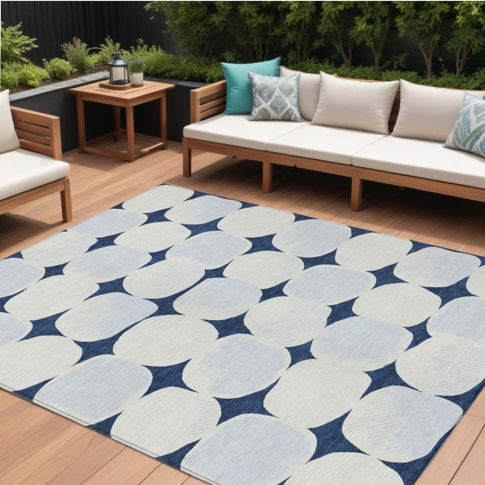 HomeRoots 5' Stylish Navy Blue Gray Ivory Abstract Washable Area Rug for Indoor and Outdoor Elegance 10' X 14' 591050